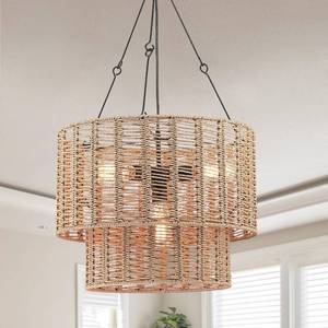lot 2756 image: 4-Light Rattan Pendant Lights,Boho Light Fixtures,Farmhouse Drum Chandelier with 2-Tier Natural Rattan Shades,Adjustable Ceiling Hanging Lamp for Kitchen Island Bedroom Dining Room,Dia.19.6