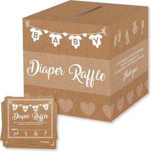 lot 2793 image: Party Hearty Baby Shower Games for Girl or Boy, 50 Diaper Raffle Tickets, Diaper Raffle Ticket Cards Box, Baby Shower Decorations, Raffle Prizes, Ideas