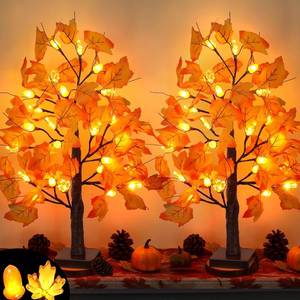 lot 2796 image: 2 Pack 24 Inch Prelit Fall Maple Tree Fall Thanksgiving Decorations with 48 LEDs Battery Operated Timer Lighted Acorn Maple Artificial Tabletop Light Up Tree for Home Indoor Thanksgiving Table Decor