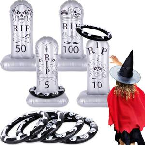 lot 2808 image: ArtCreativity Tombstone Ring Toss - Set of 4 - Gravestone Ring Toss Game with Weighted Bottoms - Doubles as Inflatable Halloween Decor