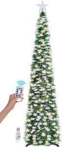 lot 2811 image: 6 FT Pop Up Christmas Tree with 100 LED Timer Lights & Remote, Green Collapsible Christmas Tinsel Tree Artificial Pencil Tree Xmas Decoration for Holiday Home Office Party, USB Powered