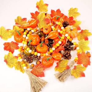 lot 2828 image: Jutom 148 PCS Fall Artificial Pumpkins Set, 16 Fake Pumpkins, 11 Pinecones, 20 Acorns, 100 Fake Maple Leaves, 1 Tassels Wood Beads Thanksgiving Wedding Tables Centerpieces Halloween Home Decoration