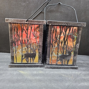 lot 2830 image: Honoson 2 Pcs Christmas Lanterns Decorative with LED String Lights Metal Hanging Xmas Vintage Lantern with Red Ribbon Berry for Indoor Outdoor Xmas Home Porch Party Decor(Deer)