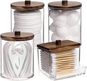 lot 2836 image: Tbestmax 4 Pack Qtip Holder Bathroom Container, 107oz Cotton BallSwabs Dispenser, Apothecary Jar with Bamboo Lids for Organizer and Storage (Brown)