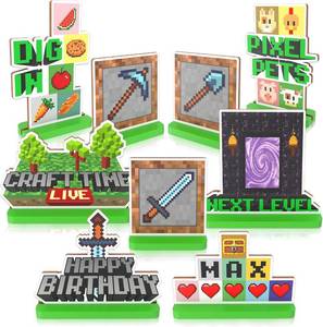 lot 2844 image: 9pcs Pixel Video Game Gaming Level Up Themed Wooden Happy Birthday Signs Centerpieces for Boy Gamers Birthday Party Table Decorations