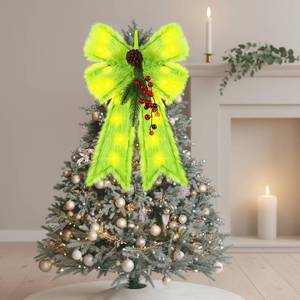 lot 2847 image: Light up Lime Green Bow Christmas Tree Topper 22 x 15 Extra Large Plush Faux Fur Furry Green Christmas Bows for Tree Door Wreath Window Fireplace Stair LED String Lights Decor