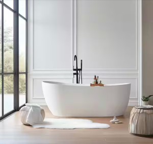 Moray 63 in. x 31 in. Solid Surface Stone Resin Flat bottom Freestanding Bathtub Soaking Bathtub in Matte White - Retail: $2,209