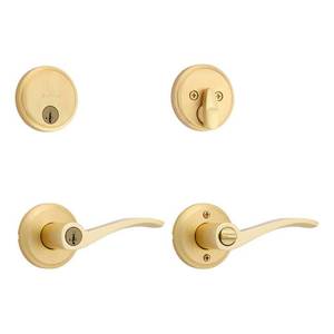 lot 18536 image: Sedona Satin Brass Keyed Entry Door Handle and Single Cylinder Deadbolt Combo Pack Featuring Smart Key Security - Retail $87