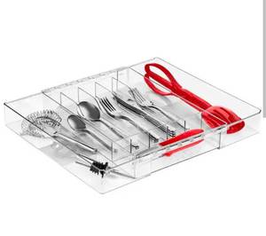 lot 18587 image: SorbusExpandable Silverware Organizer, 2 in. H x 8.25 in. W x 13 in. D Modern Clear Plastic Utensil Tray, Drawer Organizer - Retail $0