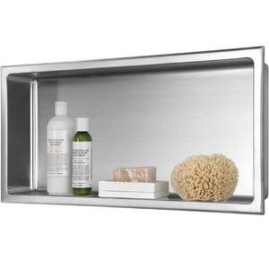 lot 18595 image: 24 in. W x 12 in. H x 4 in. D 18-Gauge Bathroom Shower Wall Niche in Brushed Stainless Steel - Retail $179