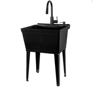 lot 18619 image: Complete 22.875 in. x 23.5 in. Black 19 Gallon Utility Sink with Black Metal Hybrid High Arc Faucet and Soap Dispenser - Retail $229