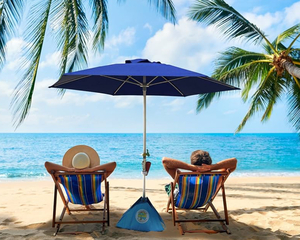 BEACHBUB ALL-IN-ONE BEACH UMBRELLA SYSTEM. Includes ULTRA Base (compliant with the ASTM F3681-24 Beach Umbrella Safety Standard). (Deep Ocean Blue) *Retails $158*