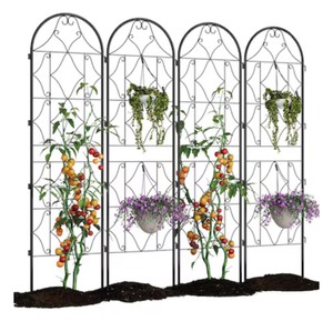 lot 12 image: Qeetex 4 Pcs Garden Trellis for Climbing Plants Outdoor Black Metal Arch Trellis for VegetablesVinesFlowers Retails $104