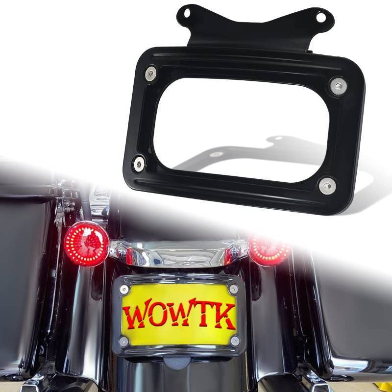 lot 22652 image: WOWTK Rear Fender Curved License Plate Frame wWhite LED Lighting fits for Harley Road Glide Road King Street Glide FLHRXS, FLHX, FLHXS, FLHXST, FLTRX, FLTRXS, and FLTRXST 2010-2025, Black - Retail $26