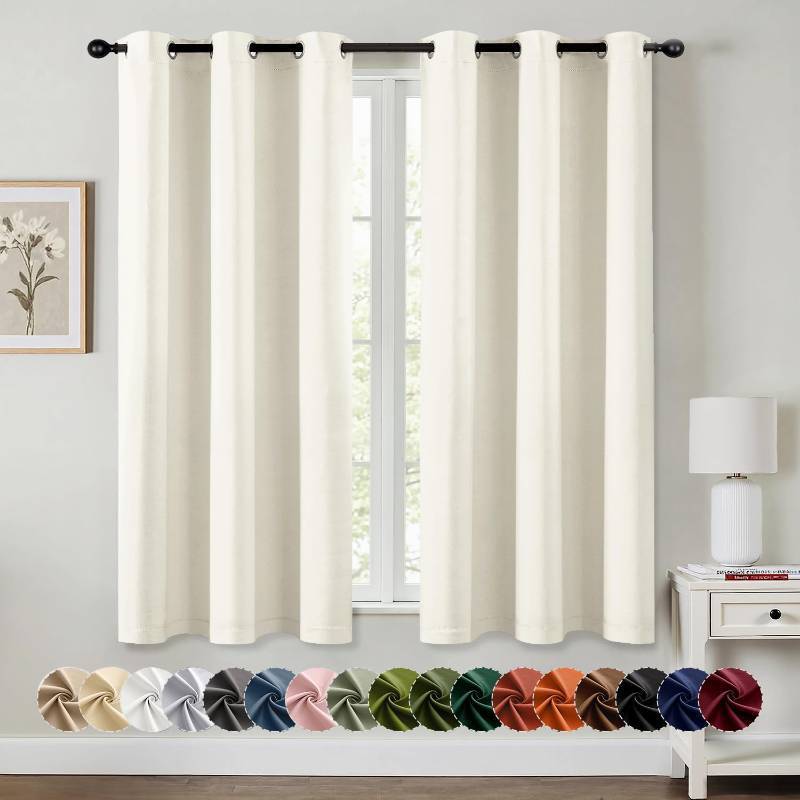 lot 33232 image: MIULEE Cream Blackout Curtains for Bedroom Living Room 63 Inches Long 2 Panels, Thermal Insulated Room Darkening Drapes Solid Grommet Noise Reduction Light Blocking Window Treatments 40x63 Inch - Retail $25