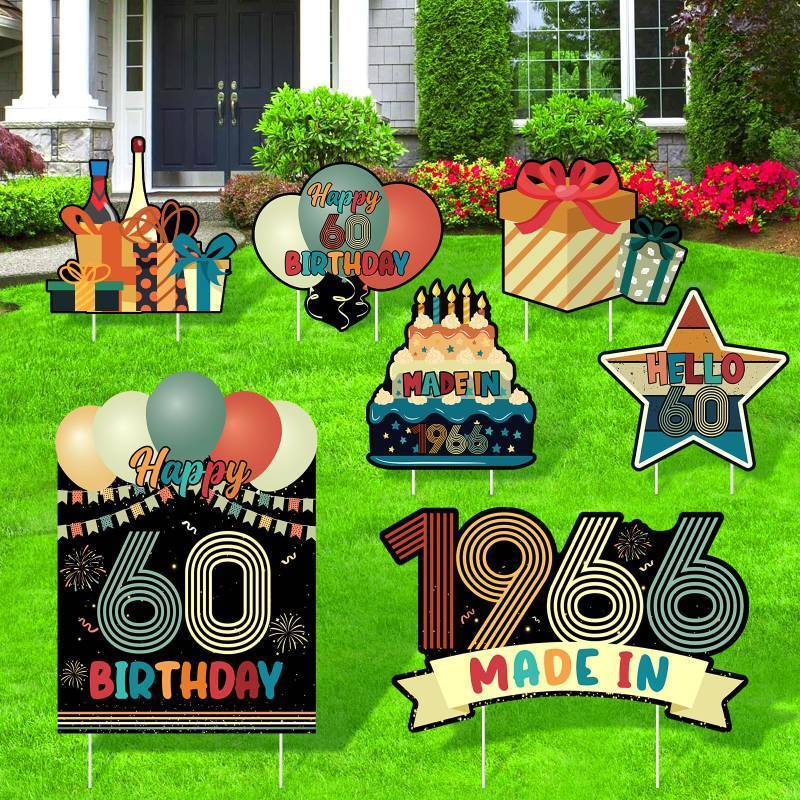 lot 33239 image: 60th Birthday Yard Sign Decorations,7Pcs Vintage 60th Birthday Yard Sign for Women, Waterproof Easy to Install Made in 1966 Outdoor Garden Yard Lawn Sign with Stakes for Birthday Outdoor Yard Decor - Retail $20