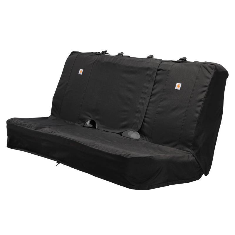 lot 3945 image: Carhartt Universal Nylon Duck Canvas Automotive Bench Seat Covers, Durable Fitted Full-Size Bench Seat Protection with Rain Defender, Black - Retail $148