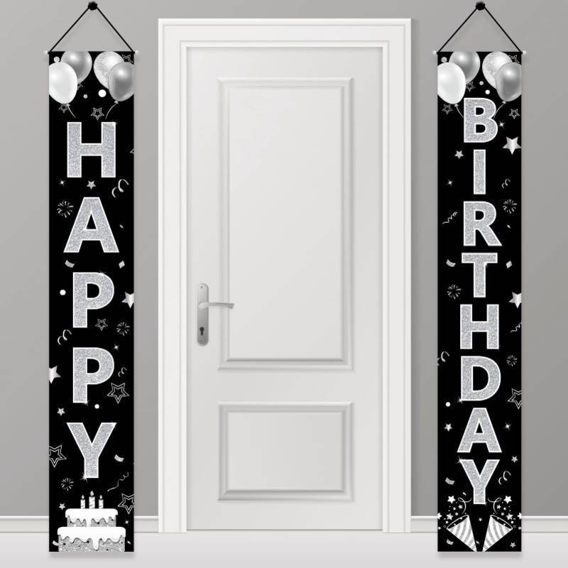 lot 41295 image: Black Silver Happy Birthday Party Supplies, Porch Sign & Backdrop Decor for Men Women, 16th to 90th Birthdays - Retail $13