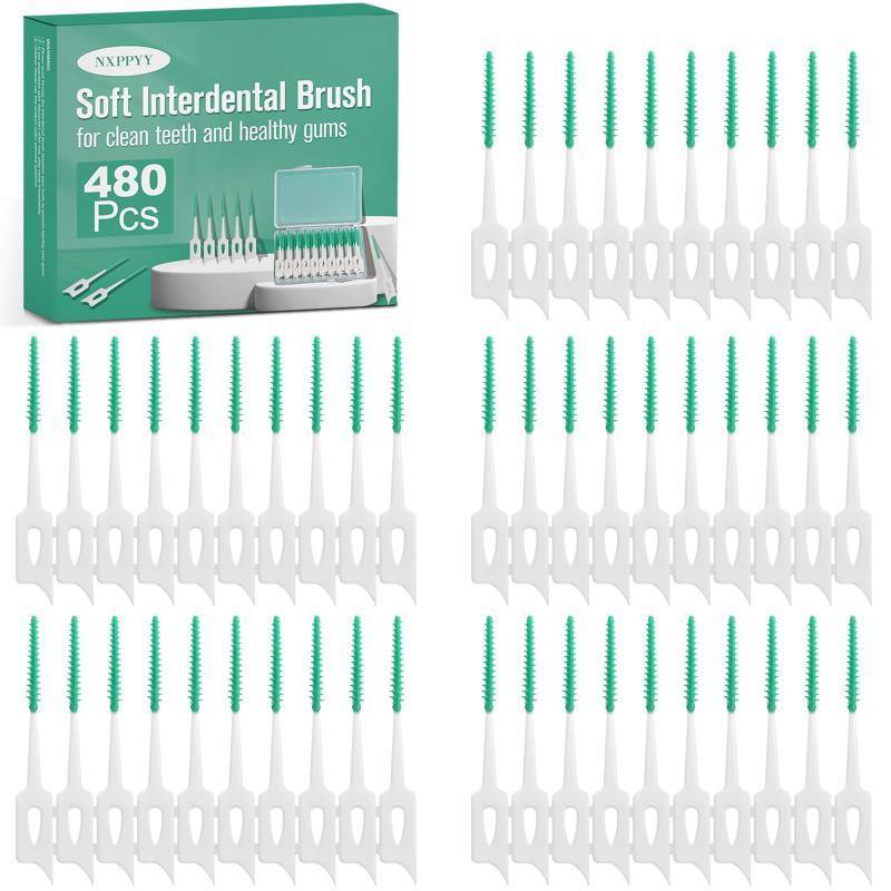 lot 41332 image: NXPPYY 480 Pcs Dental Floss Picks, Soft Silicone Tooth Picks Flossers, Interdental Brushes with Case, Soft Dental Floss Picks for Teeth Cleaning, Braces, Bridges, Adult, Plaque Removal (Green) - Retail $8