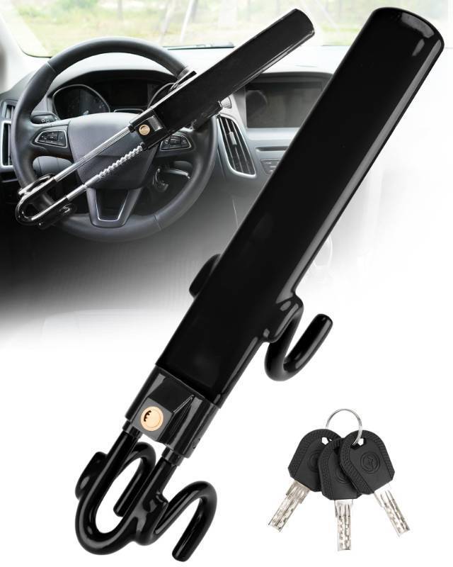 lot 44687 image: Tevlaphee Steering Wheel Lock Anti-Theft Car Device Heavy Duty Security Car Lock Antitheft Locking Devices Great Deterrent Adjustable Car Wheel Lock Anti Theft for Vehicle Truck with 3 Keys(Black) - Retail $36