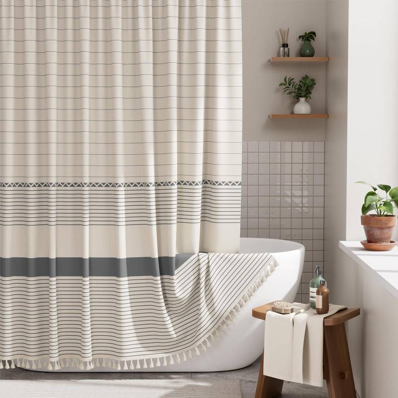 lot 44703 image: AmazerBath Boho Shower Curtain Set, Grey Shower Curtain with Tassels, Rustic Faux Linen Gray Striped Modern Farmhouse Shower Curtain with Hooks, Light Tan Toned, 72x72 Inches - Retail $20