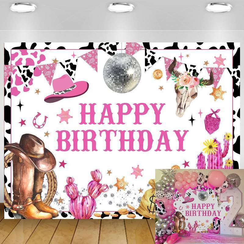 lot 50250 image: Western Cowgirl Birthday Backdrop Disco Cow Print Wild West Birthday Decorations Background Western Theme Women Girls Portraits Banner Photo Studio Props - Retail $8