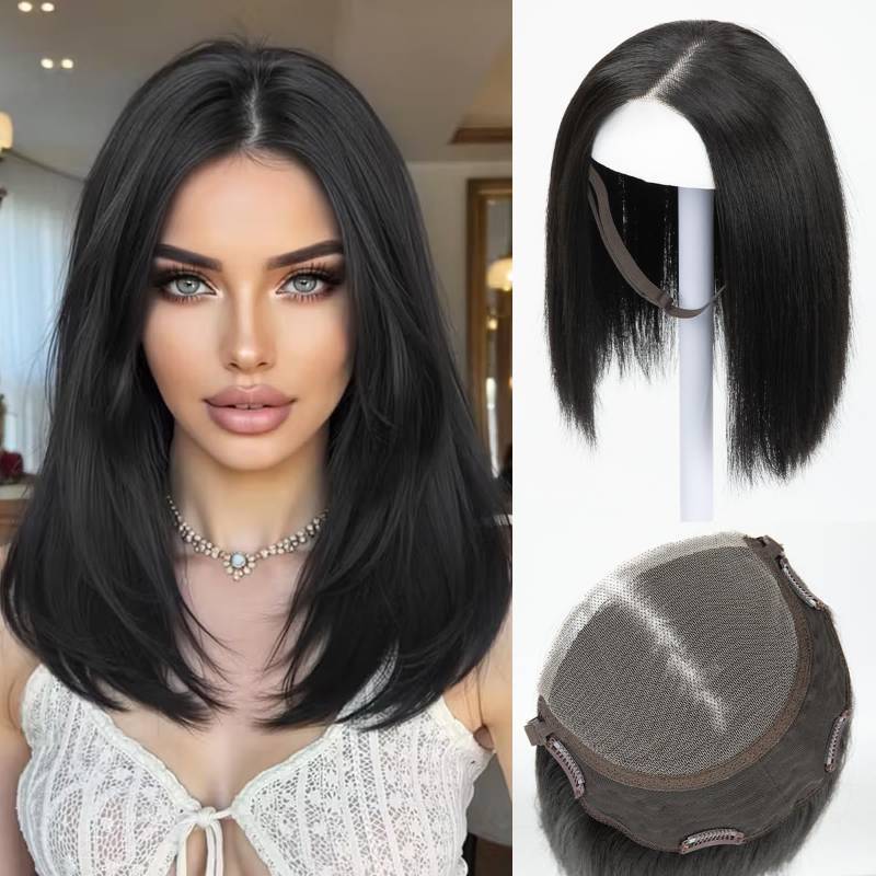 lot 50515 image: challeam Lace Front Hair Toppers with Band for Women 5.5x4 Pre-cut Closed Lace Hairline Synthetic Straight Hair Wear and Go Glueless Toppers for Beginners Black - Retail $50