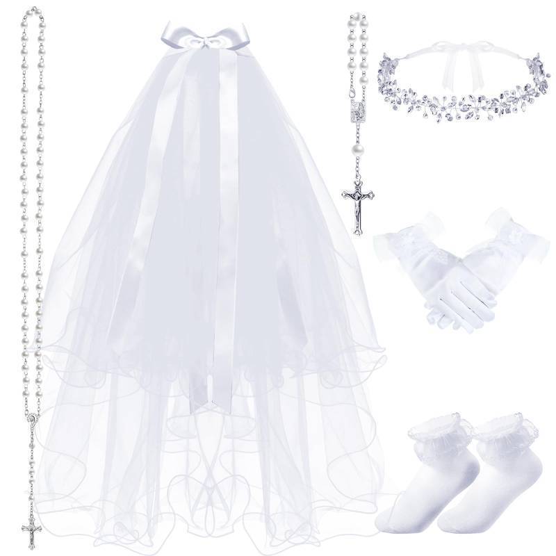 lot 50671 image: Funtery 6 Pcs First Communion Veils Girls Catholic Set 1st Communion Wreath Veil Headpiece Sock Necklace Bracelet Kid Wedding(Bright Style) - Retail $20