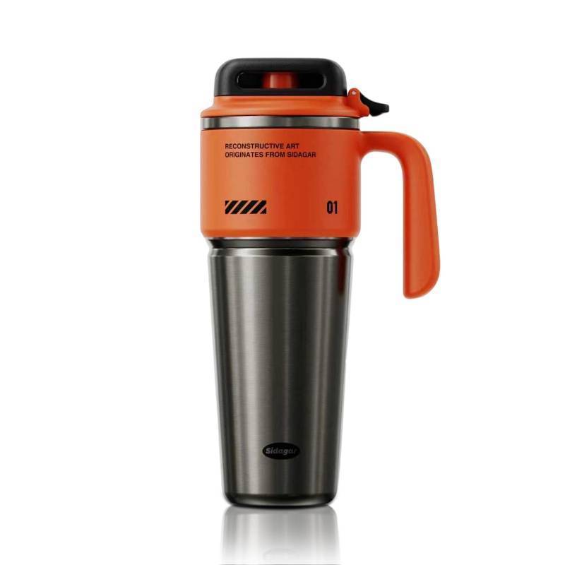 lot 50698 image: Sidagar 32 oz Stainless Steel Insulated Water Bottle with Handle for Men, Sports Tumbler with Lid, Push-button Leak-proof Travel Cup, Gaming Desk Hydration, Fits in Car Cup Holder - Dynamic Orange - Retail $39