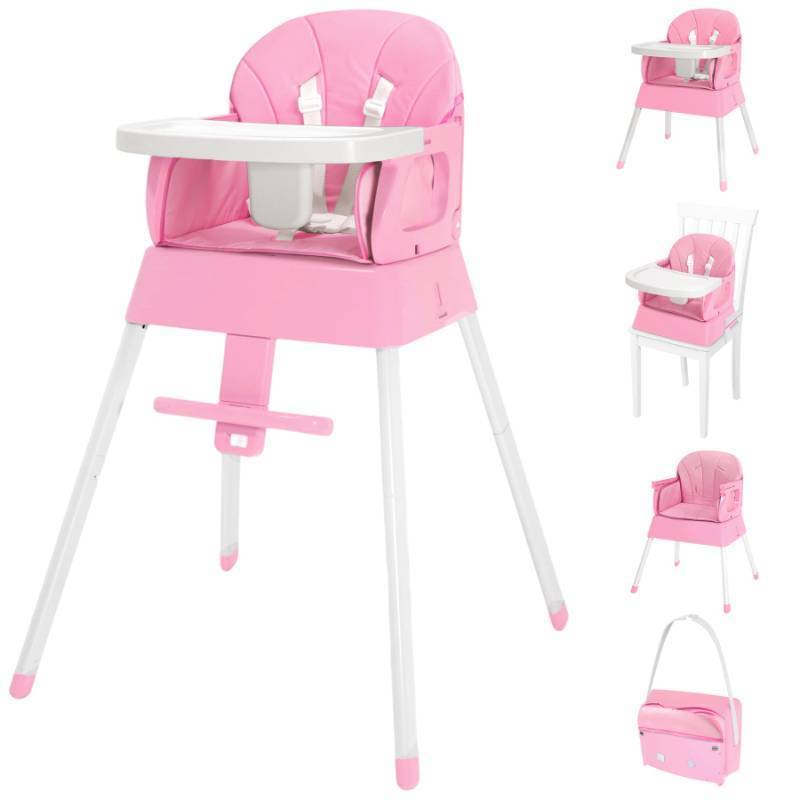 lot 62517 image: 5 in 1 Foldable Baby High Chair,Convertible Highchair for Babies and Toddlers-Portable Infant Booster Seat,Carry Small Box,Dining Chair,Toddler High Chair with 5-Point Harness,Removable Tray-Pink has been used. May be damaged  - Retail $146