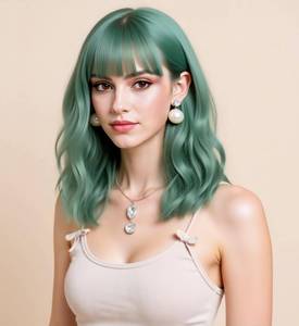lot 33324 image: Rugelyss Short Light Green Wavy Bob Wigs for Women Synthetic Hair Wig with Bangs 14 Inches Medium Length for Daily Wear or Halloween Costume Cosplay Party - Retail $18