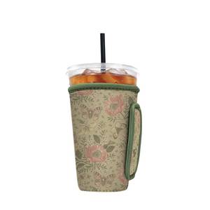 lot 33332 image: Reusable Insulated Neoprene Iced Coffee Sleeve with Handle, Coffee Cup Holder for Hot & Cold Drinks, Universal Fit 16-32oz Cups, Bottles & Tumblers - Vintage Botanica M - Retail $9