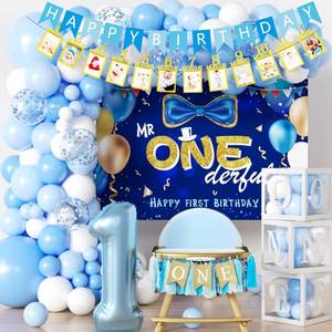 lot 33340 image: Baby Boy First Birthday Decorations Blue 1 Year Old Birthday Party Supplies for Baby Boy with Balloons Garland kit Mr. Onederful Backdrop Balloons Curtains High Chair Burlap Banner Party Boxes - Retail $25