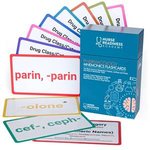lot 33343 image: Pharmacology Mnemonics Flashcards 60 Color Coded Flashcards for Learning The Most Common Generic Drug Names - for Nursing Students, Pharmacy Techs, and Med Students - Retail $28