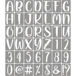 lot 41474 image: XANGEY 5 Inch Letter Stencils for Painting - 42 Pack Alphabet Letter Number Templates with Signs, Reusable Plastic Alphabet Stencils for Chalkboard Fabric Rock Wood Crafts Painting - Retail $14