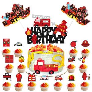lot 41510 image: Fireman Cupcake Cake Topper Fire Hydrant Truck Firefighter Helmet Themed for Kids Boy Girl Happy Birthday Cake Decorations 33Pcs Party Supplies - Retail $9