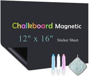 lot 41520 image: Qiytecno Chalk Board Sticker for Wall, 12 x 16 Magnetic Contact Paper with Adhesive, Black Wall Decal Magnetic Sheets Roll for Office School Kids, Includes Chalks Markers, Dishcloth and Magnets - Retail $14