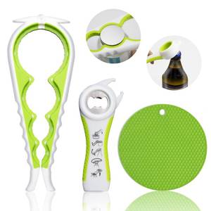 lot 41525 image: Jar Opener for Weak Hands, Seniors with Arthritis, 5 in 1 Multi Function Bottle Opener Lid Opener For Arthritic Hands with Non Slip Rubber Jar opener Gripper Pad(green) - Retail $12