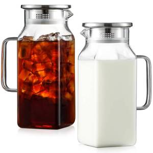 lot 45573 image: Netany 2 Pack 1.2 Liters40 oz Small Square Glass Pitcher with Lid and Handle for Fridge, Iced Tea and Coffee Carafe Storage Container, Resistant to Hot and Cold Borosilicate Jug - Retail $25