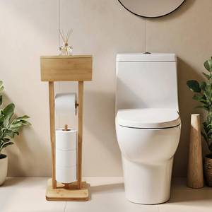 lot 45584 image: NaturaWood Bamboo Toilet Paper Holder Stand with Storage Shelf Box, Freestanding Bathroom Tissue Organizer and Wipes Dispenser, Rotating Swivel Lid, Eco-Friendly Natural Wood Home Decor Gift - Retail $42
