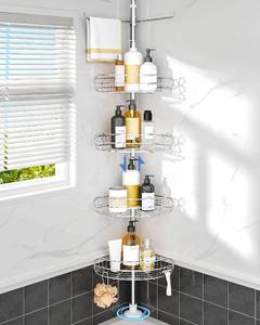 lot 45588 image: ALLZONE Corner Shower Caddy Tension Pole, 4-Tier Adjustable Shelves, Rustproof Bathroom Shower Organizer Corner for Inside Shower Storage, Tension Mounted, 56 to 113 Inch Height, Sliver - Retail $58