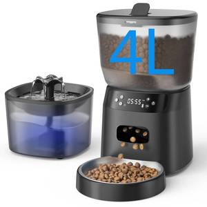 lot 45591 image: Automatic Cat Feeder and Water Fountain, 4L16 Cups Timed Cat Dry Food Dispenser, 10s Meal Call, 20 Portions 6 Meals Per Day, 2L Cats Fountains for Drinking with Filter, Pet Feeder for Dog Black - Retail $36