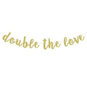 lot 58005 image: Double The Love Banner, Twins Baby Shower Birthday Party Decorations Supplies, Oh Babies Bunting Sign for Boys Girls, Pre-Strung, Gold Glitter - Retail $10
