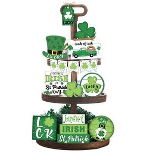 lot 58006 image: Marsui 15 Pcs St. Patricks Day Tiered Tray Decor Lucky Shamrock Gnome Wooden Signs Farmhouse Green Irish Themed Table Centerpiece for Home Kitchen Bar Party Tabletop Decorations - Retail $16