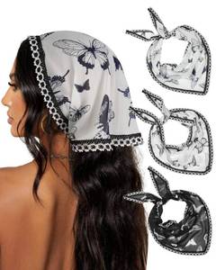 lot 58008 image: AWAYTR 3Pcs Hair Bandanas Head Kerchief for Women Girls Tie-Back Boho Hair Scarf Headband Bandana Triangle Head Scarf (Butterfly - WhiteBlueBlack) - Retail $14