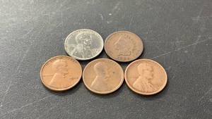 Penny Coins Collection - Lincoln Wheat Pennies (1928, 1917, and 1920-S), Steel Penny (1943-D) and Indian Head Penny (1889)