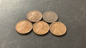 lot 13 image: Penny Coins Collection - Lincoln Wheat Pennies (1932-D, 1931, 1936-D, 1925-S) and Indian Head Penny (1890)