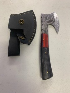 lot 28 image: Handcrafted Damascus Steel Full Tang Cheese Axe Hunting Fishing Blade Wood Handle with sheath approx 7 inches