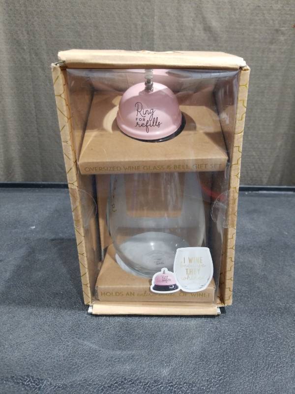 lot 4601 image: Tmd Holdings I Wine Because They Whine Oversized Stemless Wine Glass and Call Bell Set, 2 Pieces