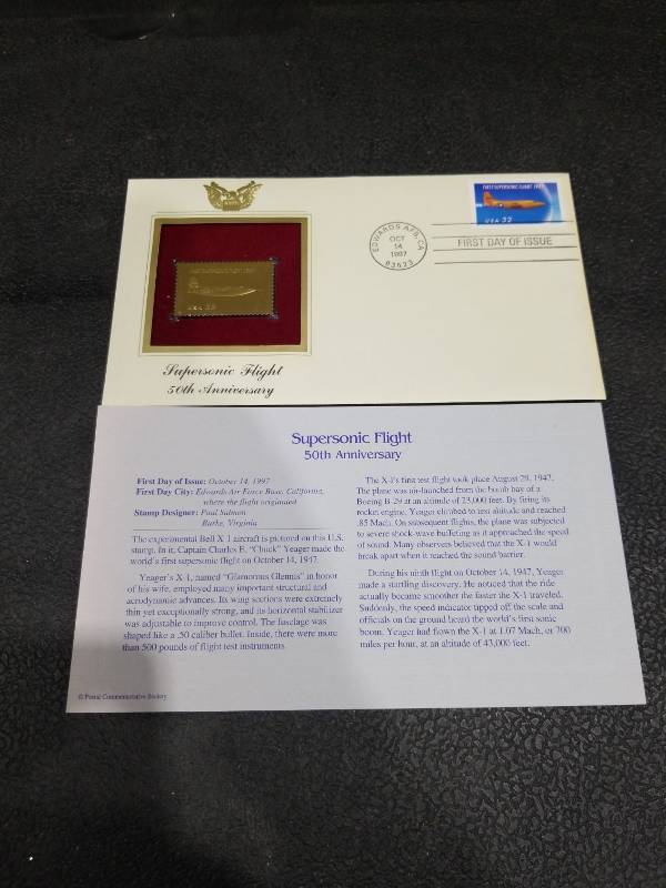 lot 4611 image: 1997 Supersonic Flight 50th Anniversary Gold Stamp First Day Cover